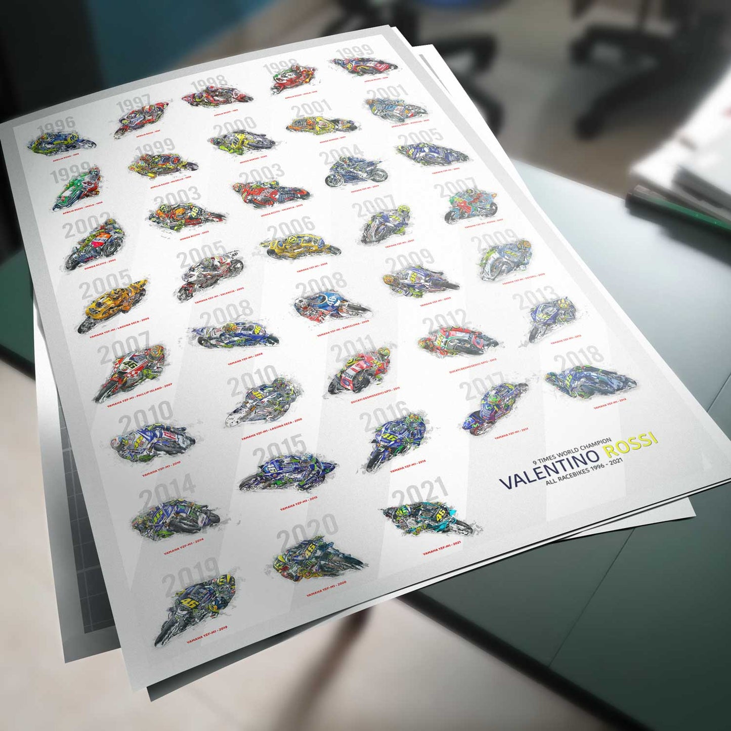 Poster - Valentino Rossi - alle Bikes seiner Karriere